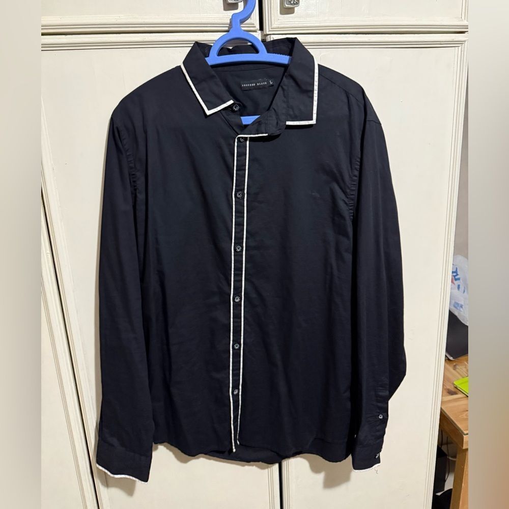 Black Button-Up Shirt with White Trim